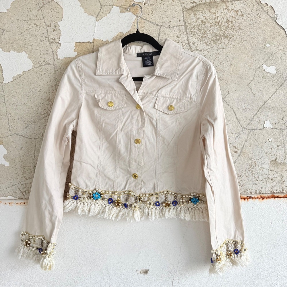 Neslay Jacket Boho Embellished Fringe Beaded Jeweled Cream Ivory Blazer Womens M
